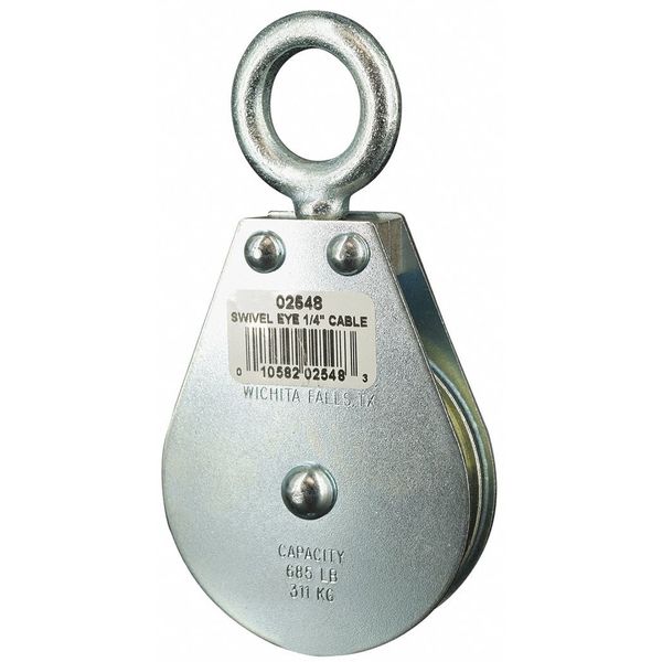 Pulley Block, Wire Rope, 1/4 in Max Cable Size, 685 lb Max Load, Zinc Plated