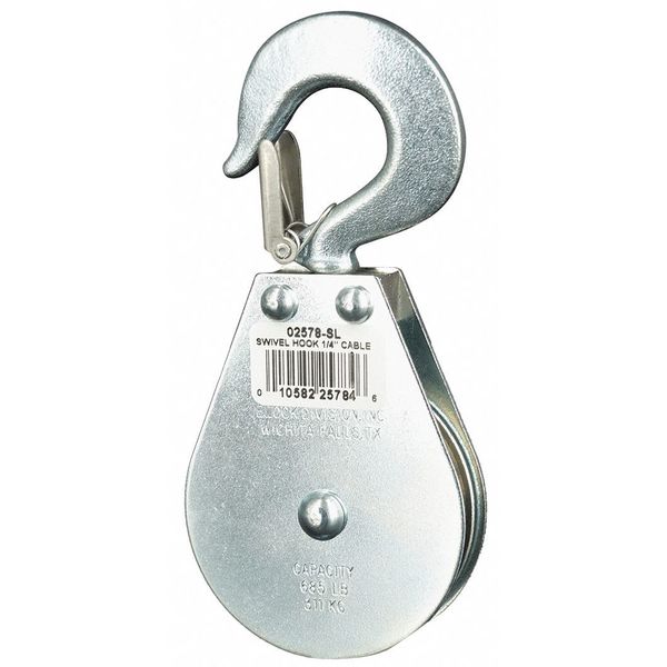 Pulley Block, Wire Rope, 1/4 in Max Cable Size, 685 lb Max Load, Zinc Plated