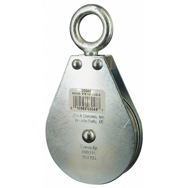 Pulley Block, Wire Rope, 1/4 in Max Cable Size, 800 lb Max Load, Zinc Plated