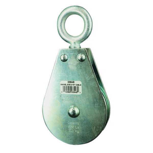 Pulley Block, Wire Rope, 5/16 in Max Cable Size, 1,550 lb Max Load, Zinc Plated