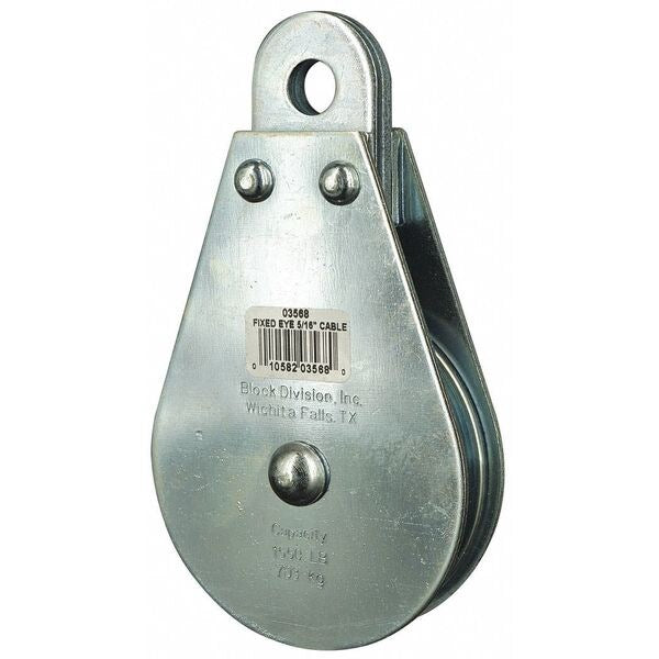 Pulley Block, Wire Rope, 5/16 in Max Cable Size, 1,550 lb Max Load, Zinc Plated