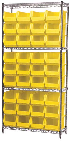 Steel Wire Bin Shelving, 36 in W x 74 in H x 14 in D, 4 Shelves, Silver/Yellow