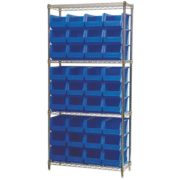 Steel Wire Bin Shelving, 36 in W x 74 in H x 14 in D, 4 Shelves, Silver/Blue