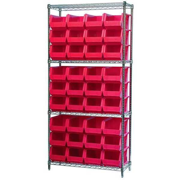 Steel Wire Bin Shelving, 36 in W x 74 in H x 14 in D, 4 Shelves, Silver/Red