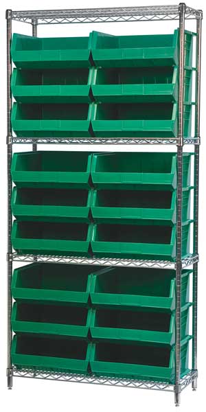 Steel Wire Bin Shelving, 36 in W x 74 in H x 14 in D, 4 Shelves, Silver/Green