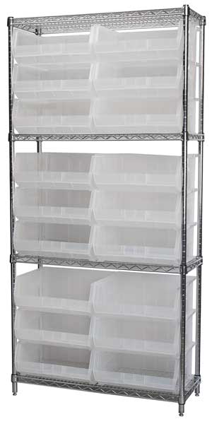 Steel Wire Bin Shelving, 36 in W x 74 in H x 14 in D, 4 Shelves, Silver/Clear