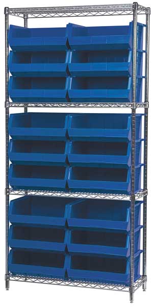 Steel Wire Bin Shelving, 36 in W x 74 in H x 14 in D, 4 Shelves, Silver/Blue