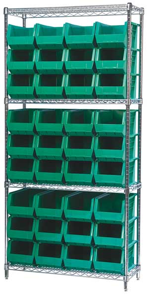Steel Wire Bin Shelving, 36 in W x 74 in H x 14 in D, 4 Shelves, Silver/Green