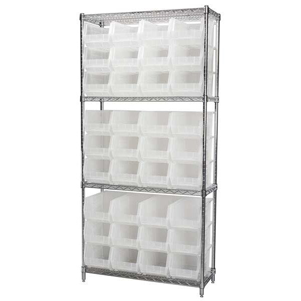 Steel Wire Bin Shelving, 36 in W x 74 in H x 14 in D, 4 Shelves, Silver/Clear