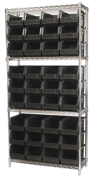 Steel Wire Bin Shelving, 36 in W x 74 in H x 14 in D, 4 Shelves, Silver/Black