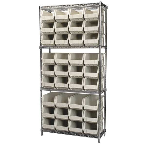 Steel Wire Bin Shelving, 36 in W x 74 in H x 14 in D, 4 Shelves, Silver/Stone