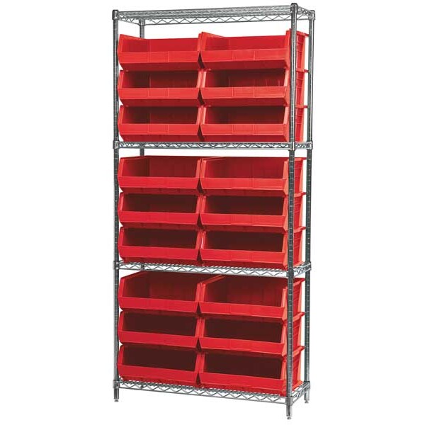 Steel Wire Bin Shelving, 36 in W x 74 in H x 14 in D, 4 Shelves, Silver/Red