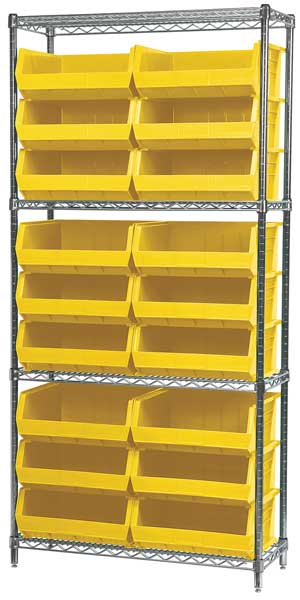 Steel Wire Bin Shelving, 36 in W x 74 in H x 14 in D, 4 Shelves, Silver/Yellow