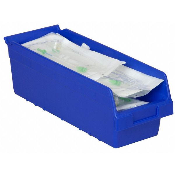Shelf Storage Bin, Blue, Plastic, 17 7/8 in L x 6 5/8 in W x 6 in H, 35 lb Load Capacity