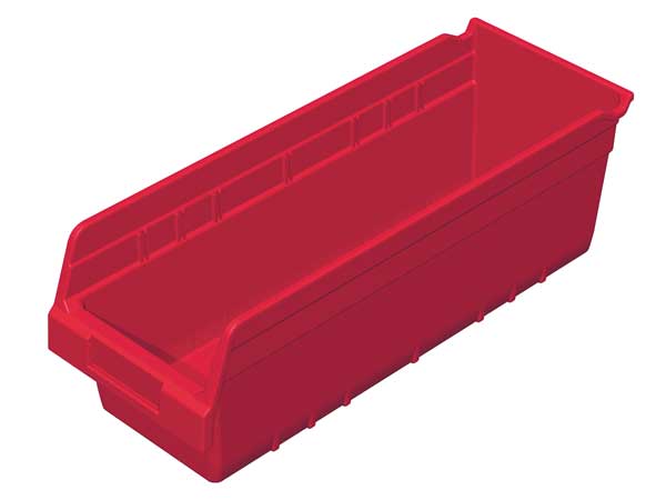 Shelf Storage Bin, Red, Plastic, 17 7/8 in L x 6 5/8 in W x 6 in H, 35 lb Load Capacity