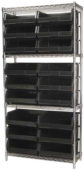 Steel Wire Bin Shelving, 36 in W x 74 in H x 14 in D, 4 Shelves, Silver/Black