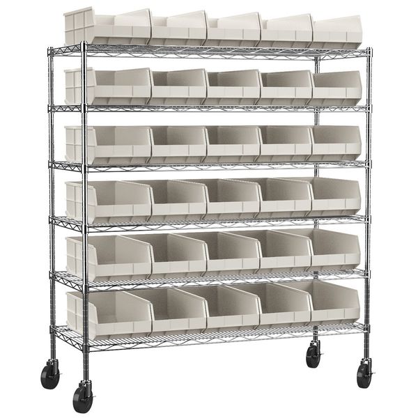 Steel Wire Mobile Bin Shelving, 60 in W x 68 in H x 24 in D, 6 Shelves, Silver/Beige