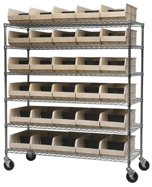 Steel Wire Mobile Bin Shelving, 60 in W x 68 in H x 24 in D, 6 Shelves, Silver/Beige