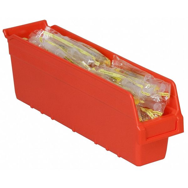 Shelf Storage Bin, Red, Plastic, 17 7/8 in L x 4 1/8 in W x 6 in H, 25 lb Load Capacity