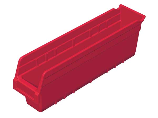 Shelf Storage Bin, Red, Plastic, 17 7/8 in L x 4 1/8 in W x 6 in H, 25 lb Load Capacity