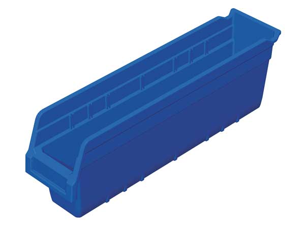 Shelf Storage Bin, Blue, Plastic, 17 7/8 in L x 4 1/8 in W x 6 in H, 25 lb Load Capacity