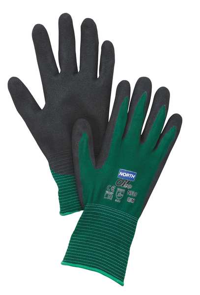 Nitrile Coated Gloves, Palm Coverage, Black/Green, M, PR