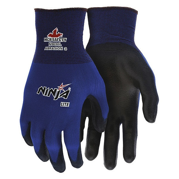 Polyurethane Coated Gloves, Palm Coverage, Black/Blue, M, PR
