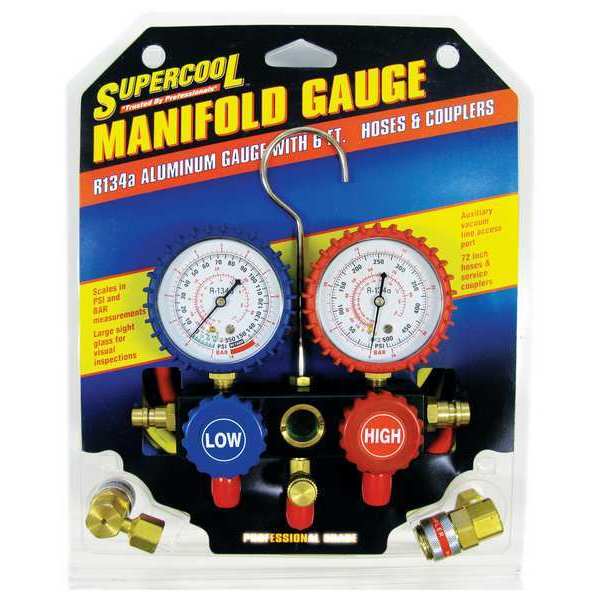 A/C Manifold Gauge, PSI and BAR, Aluminum
