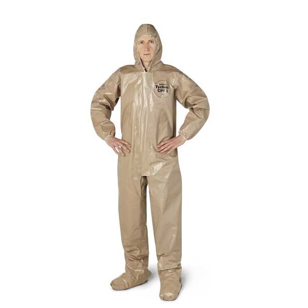 Hooded Chemical Resistant Coveralls, Tan, Zipper