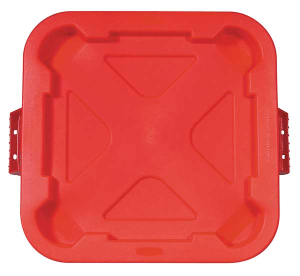 28 gal Flat Trash Can Lid, 22 in W/Dia, Red, Plastic, 0 Openings