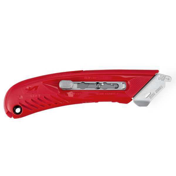 Safety Knife, 3 Fixed Blade Depths, 5 3/4 in L, Safety Point, Steel Blade, Red Plastic Handle