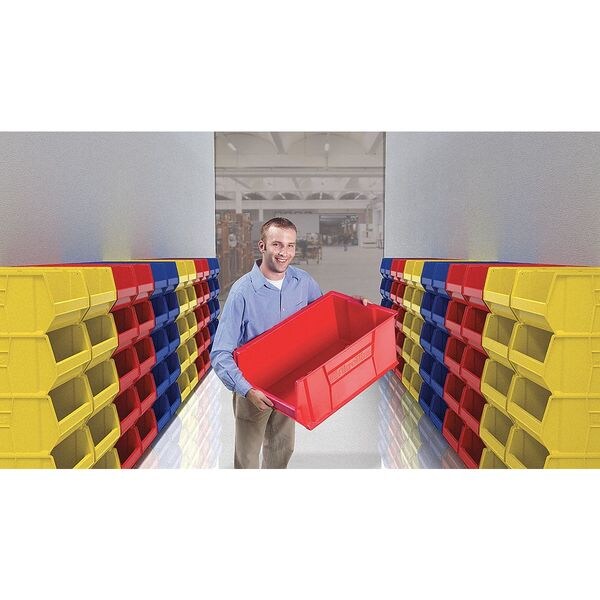 Storage Bin, Red, Plastic, 23 7/8 in L x 11 in W x 7 in H, 200 lb Load Capacity