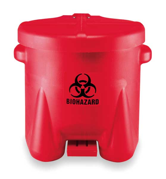 Biohazard Step On Waste Can, 10 Gallon Capacity, Polyethylene, Red, 18 in Width x 18 in Height