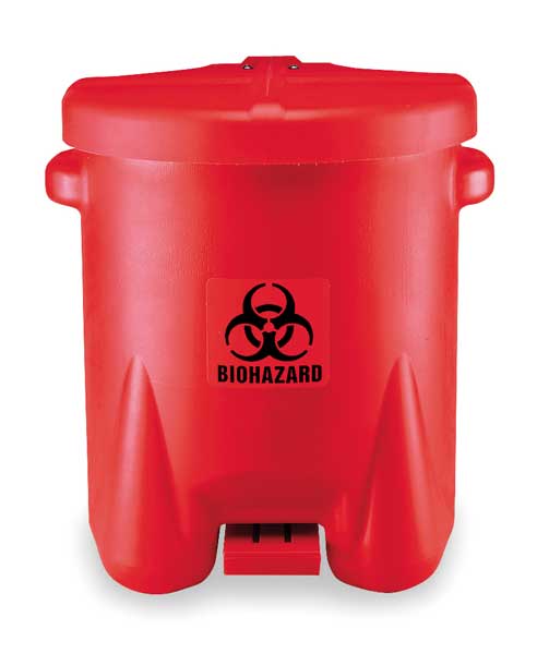 Biohazard Step On Waste Can, 14 Gallon Capacity, Polyethylene, Red, 18 in Width x 21 in Height