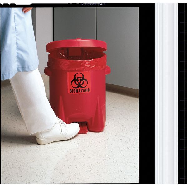 Biohazard Step On Waste Can, 6 Gallon Capacity, Polyethylene, Red, 13 1/2 in Width x 16 in Height