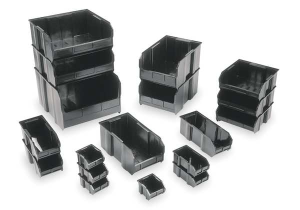 Hang & Stack Storage Bin, Black, Polypropylene, 10 7/8 in L x 5.5 in W x 5 in H