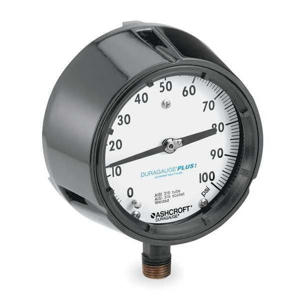 Pressure Gauge, 0 to 100 psi, 1/2 in MNPT, Plastic, Black