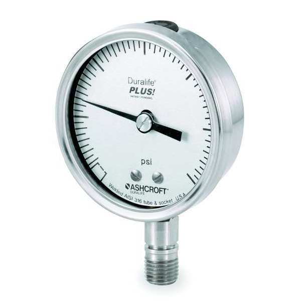 Pressure Gauge, 0 to 1000 psi, 1/4 in MNPT, Stainless Steel, Silver