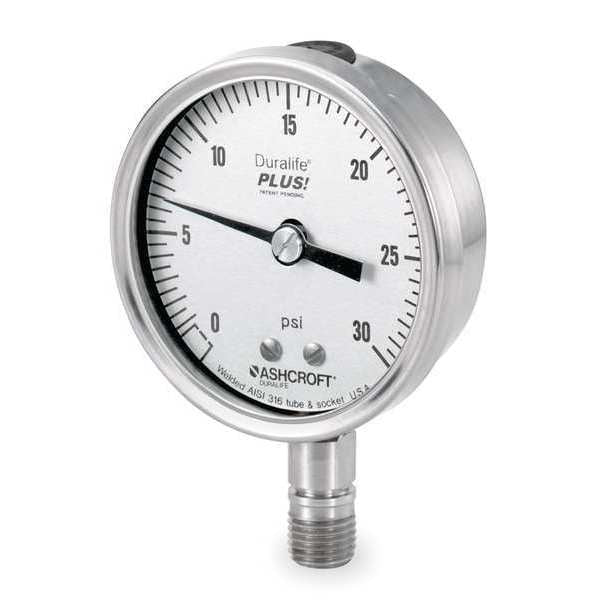 Pressure Gauge, 0 to 300 psi, 1/4 in MNPT, Stainless Steel, Silver