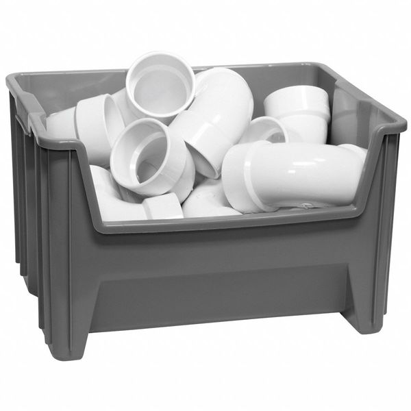 Stackable Storage Bin, Gray, Plastic, 19 7/8 in W x 12 1/2 in H, 75 lb Load Capacity