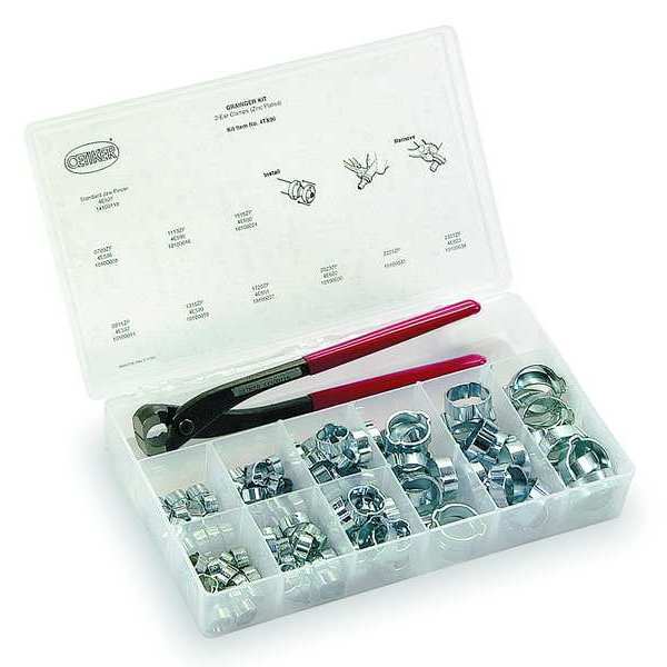 Hose Clamp Assortment, Double Ear, Zinc-Plated Steel, Plastic Case