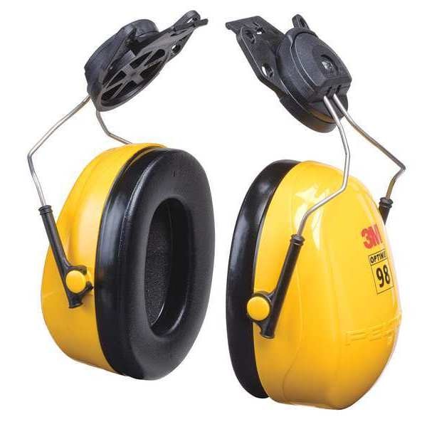 Peltor Optime 98 Hard Hat-Mounted Earmuffs, Dielectric, Passive, NRR 23 dB, Black/Yellow