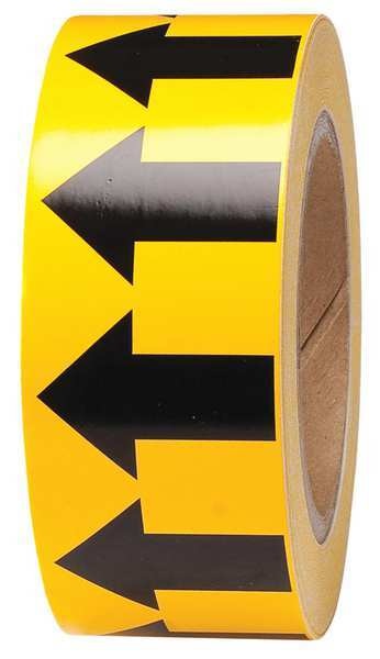 Pipe Marking Arrow Tape, Yellow/Black, 2 in x 90 ft, Vinyl, 720 Arrows per Roll, Max Temp 180F