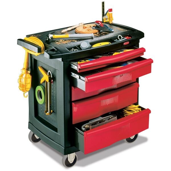 Mobile Work Station, 5 Drawers, 32 5/8 in W x 19 13/16 in D x 33 1/2 in H, Red/Black