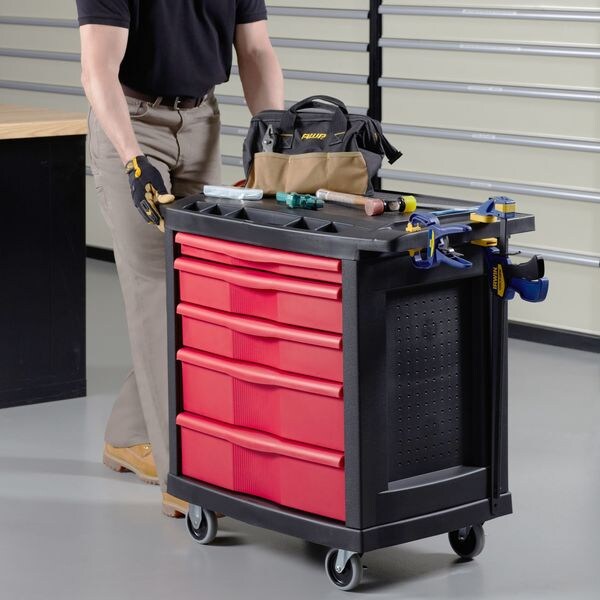Mobile Work Station, 5 Drawers, 32 5/8 in W x 19 13/16 in D x 33 1/2 in H, Red/Black