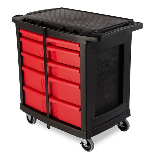 Mobile Work Station, 5 Drawers, 32 5/8 in W x 19 13/16 in D x 33 1/2 in H, Red/Black