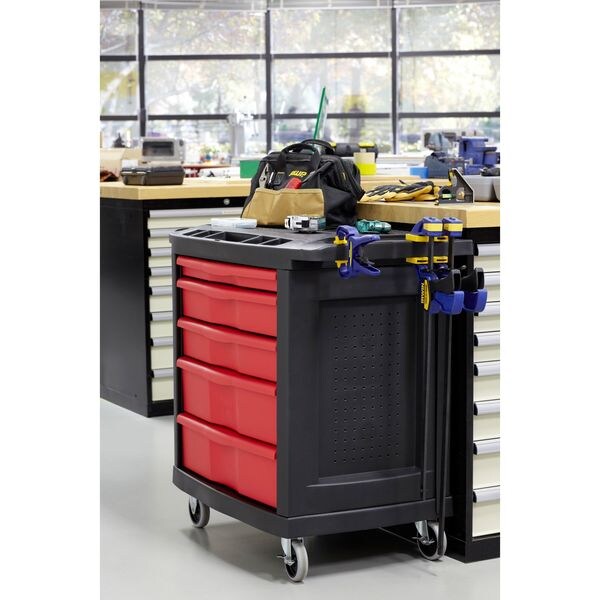 Mobile Work Station, 5 Drawers, 32 5/8 in W x 19 13/16 in D x 33 1/2 in H, Red/Black