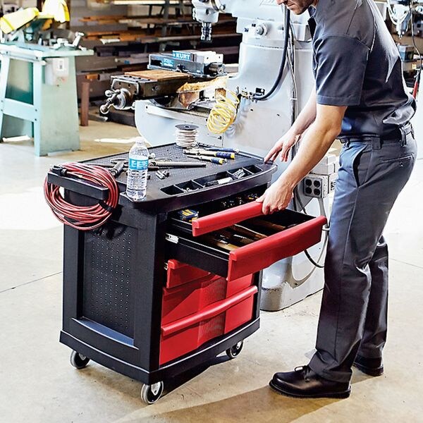 Mobile Work Station, 5 Drawers, 32 5/8 in W x 19 13/16 in D x 33 1/2 in H, Red/Black