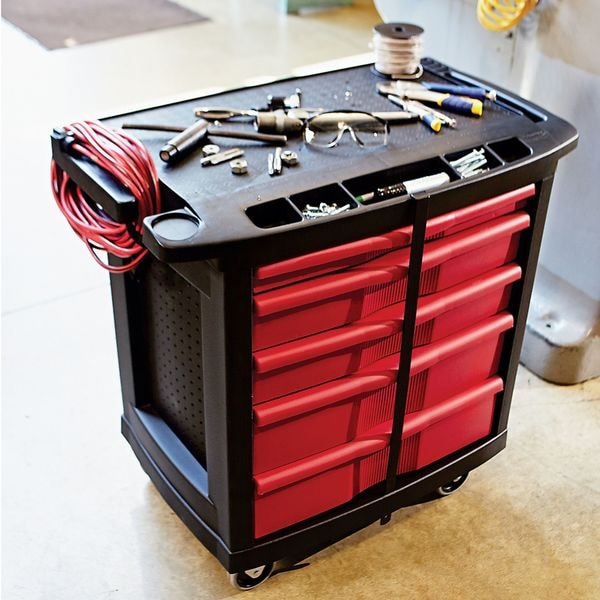 Mobile Work Station, 5 Drawers, 32 5/8 in W x 19 13/16 in D x 33 1/2 in H, Red/Black