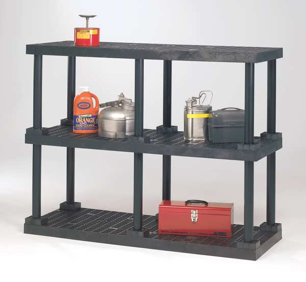 Freestanding Plastic Shelving Unit, Open Style, 16 in D, 96 in W, 27 in H, 2 Shelves, Black